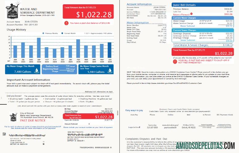 para download Modelo de conta de serviços públicos do Departamento de Água e Esgoto de Detroit dos EUA em formatos Word e PDF, 2 páginas, versão 4